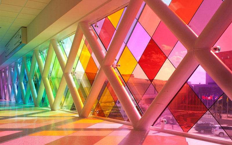 Miami International Airport walkway Back painted glass in the Miami International Airport walkway