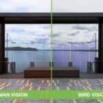 Scenic overlook glass shown in human vision and bird vision, where the UV coating appears as visible stripes