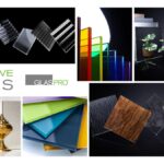 Collage of decorative glass options including color laminated, back painted, patterned, textured and dichroic glass